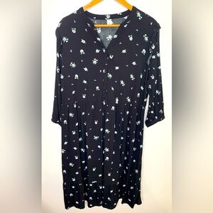 Old Navy Size 2X Floral Black And White Knee Length 3/4 Sl Ruffle Detail Dress